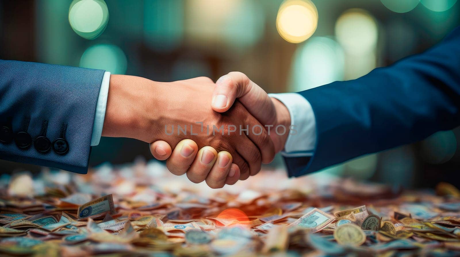 Business handshake over money background . Economy and financial growth by investment in valuable stock market to gain wealth profit form currency trading. AI generated