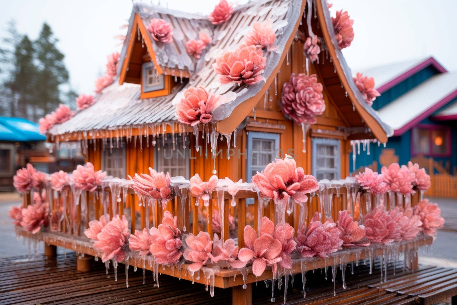 Wooden house covered with pink flowers and ice, arctic cold winter weather. Conceptual image with a long icicles in front of the house.AI generated