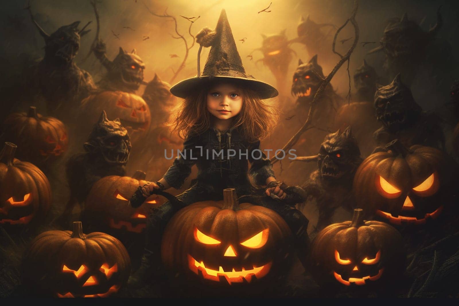 Girl with glowing pumkins in a mysterious , dark and scary night in autumn, Halloween holiday, gothic style
