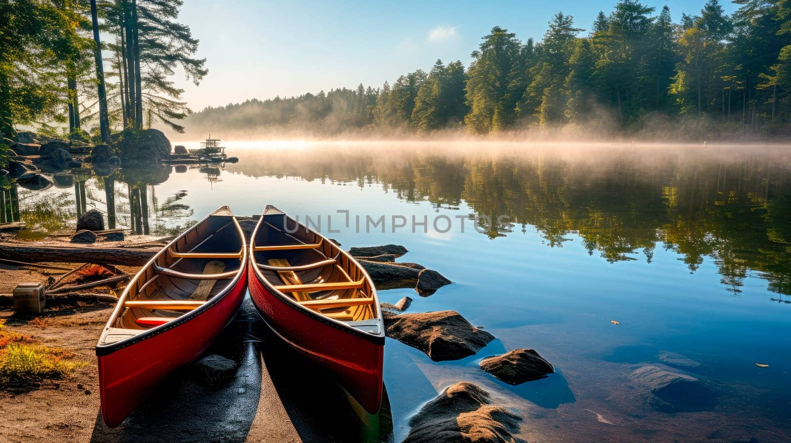 A pair of  canoes parked on a lake with spectacular landscape. AI generated