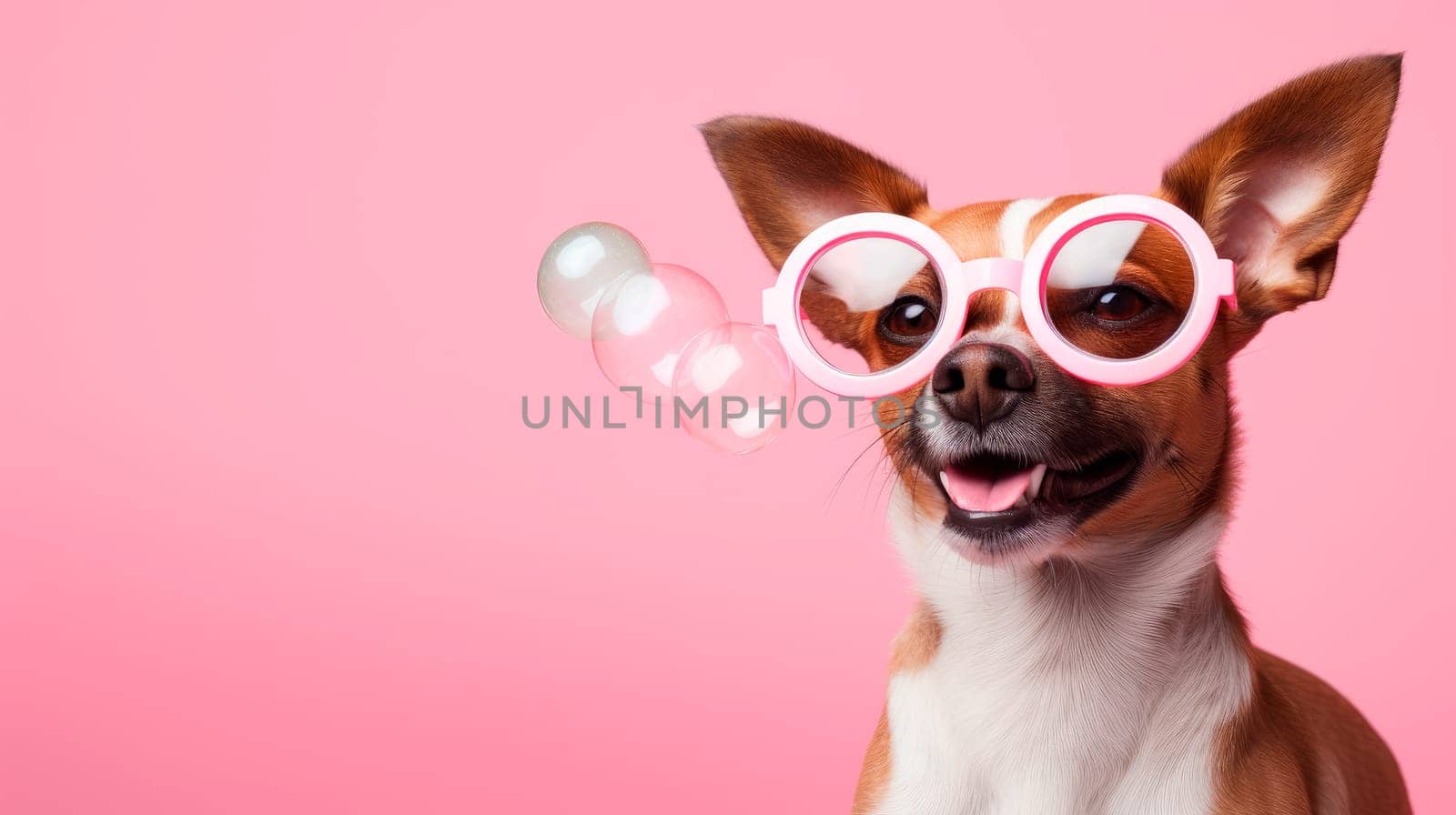 Cute dog on a pink background among soap bubbles. AI generated