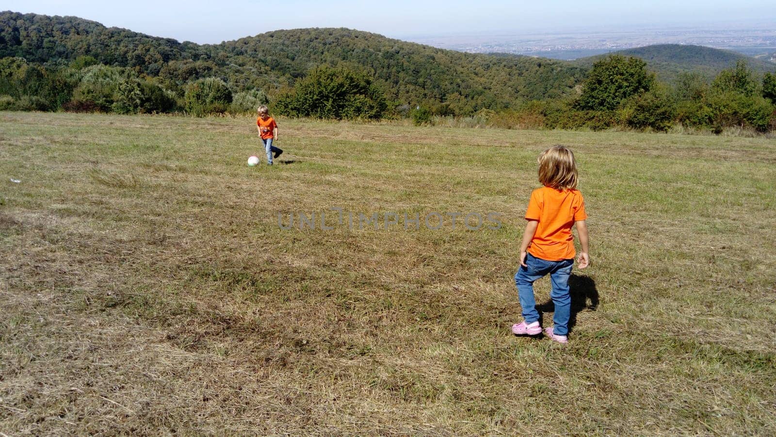 A boy and a girl with blond hair, dressed in orange t-shirts and classic jeans, are playing on a mountain meadow. Early warm autumn. Children stand and look forward.