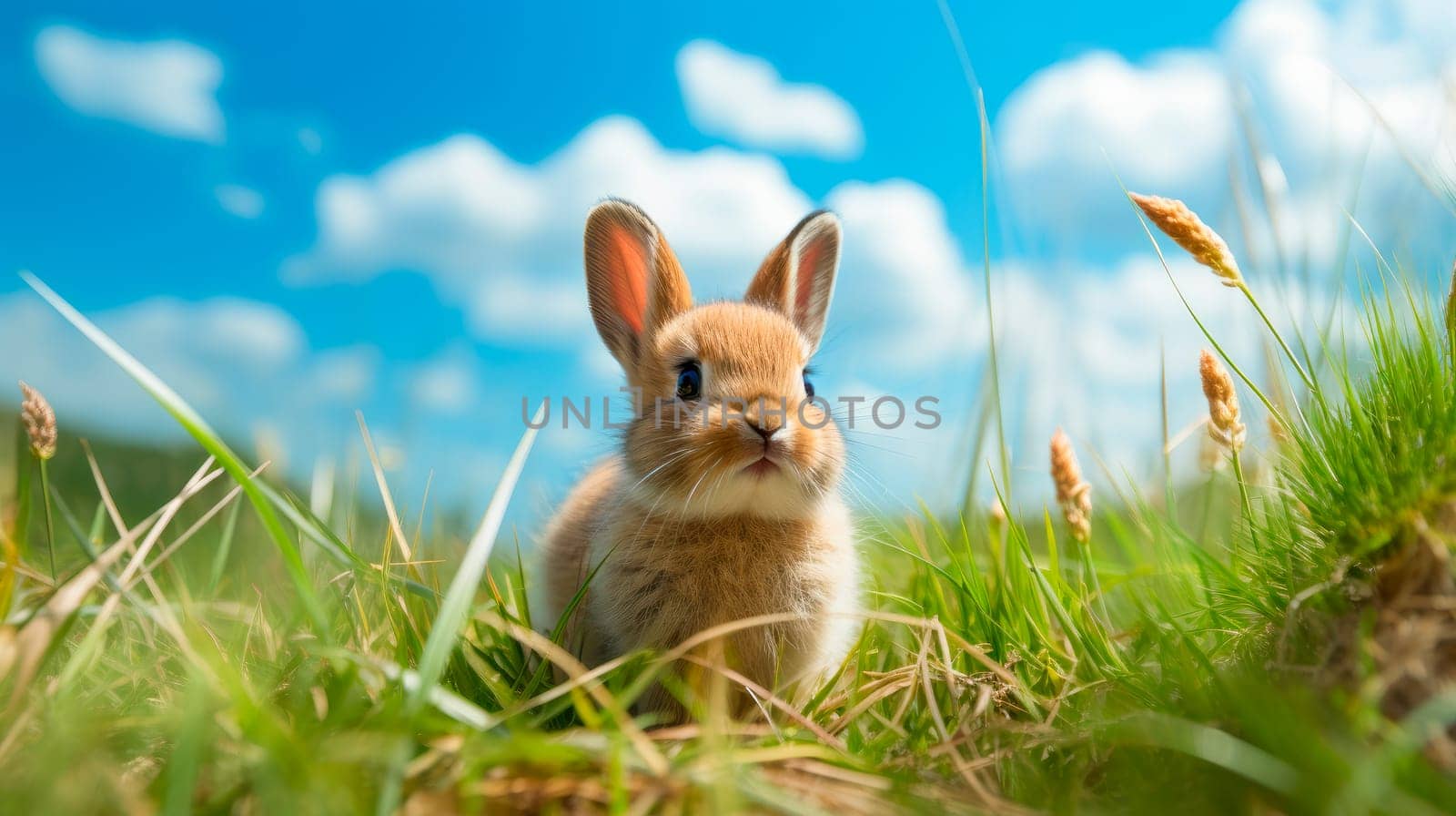 Cute fluffy rabbit on green grass in a spring field.AI generated