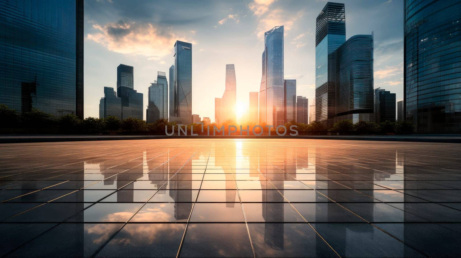 Empty city square floor with a skyline scenery. Panoramic skyline and buildings with empty concrete square floor. Sunset scene. AI generated