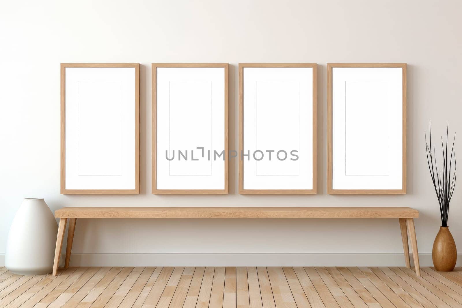 Four blank picture frames on a white wall with parquet floor.Copy space. AI generated