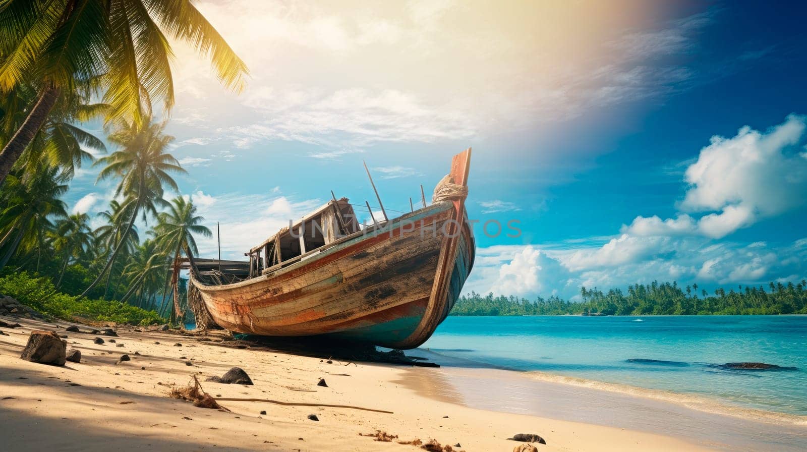 Abandoned boat on shore of island with a palm trees.Wrecked boat on a beach. AI generated