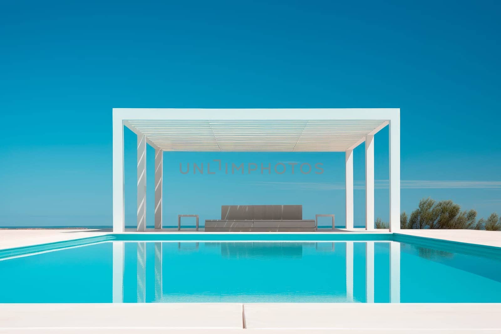 Front view of an outdoor swimming pool with a white pergola. An open-air swimming pool with a clear water. AI generated