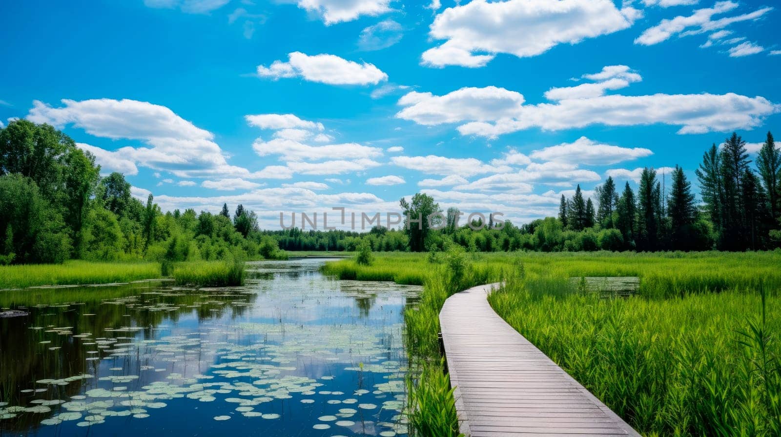 Wooden walking path through a swamp.Wetland park, walking trail.Wooden trail through the wetland to protect the environment from damage. AI generated