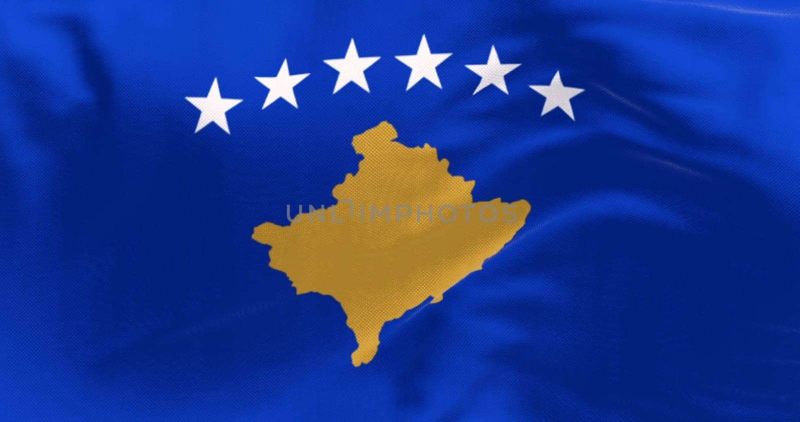 Close-up of Kosovo national flag waving. Six white stars above a golden map of Kosovo in a blue field. 3d illustration render. Selective focus. Fluttering fabric. Textured background
