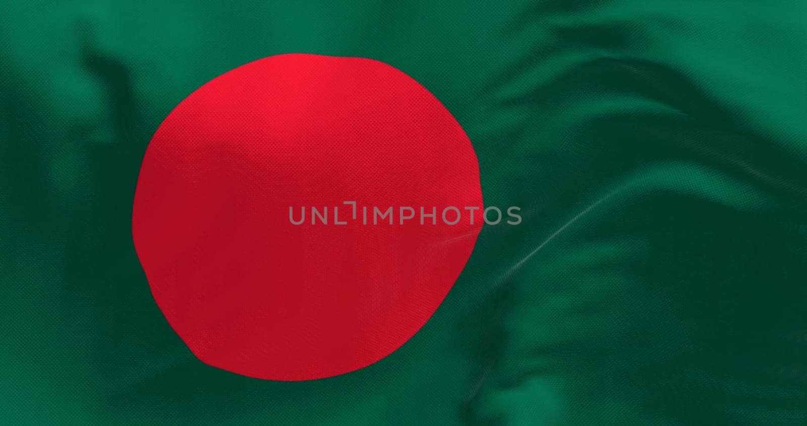 Close-up of Bangladesh national flag waving. Dark green banner with a red disc or sun on top. 3d illustration render. Fluttering fabric. Textured background