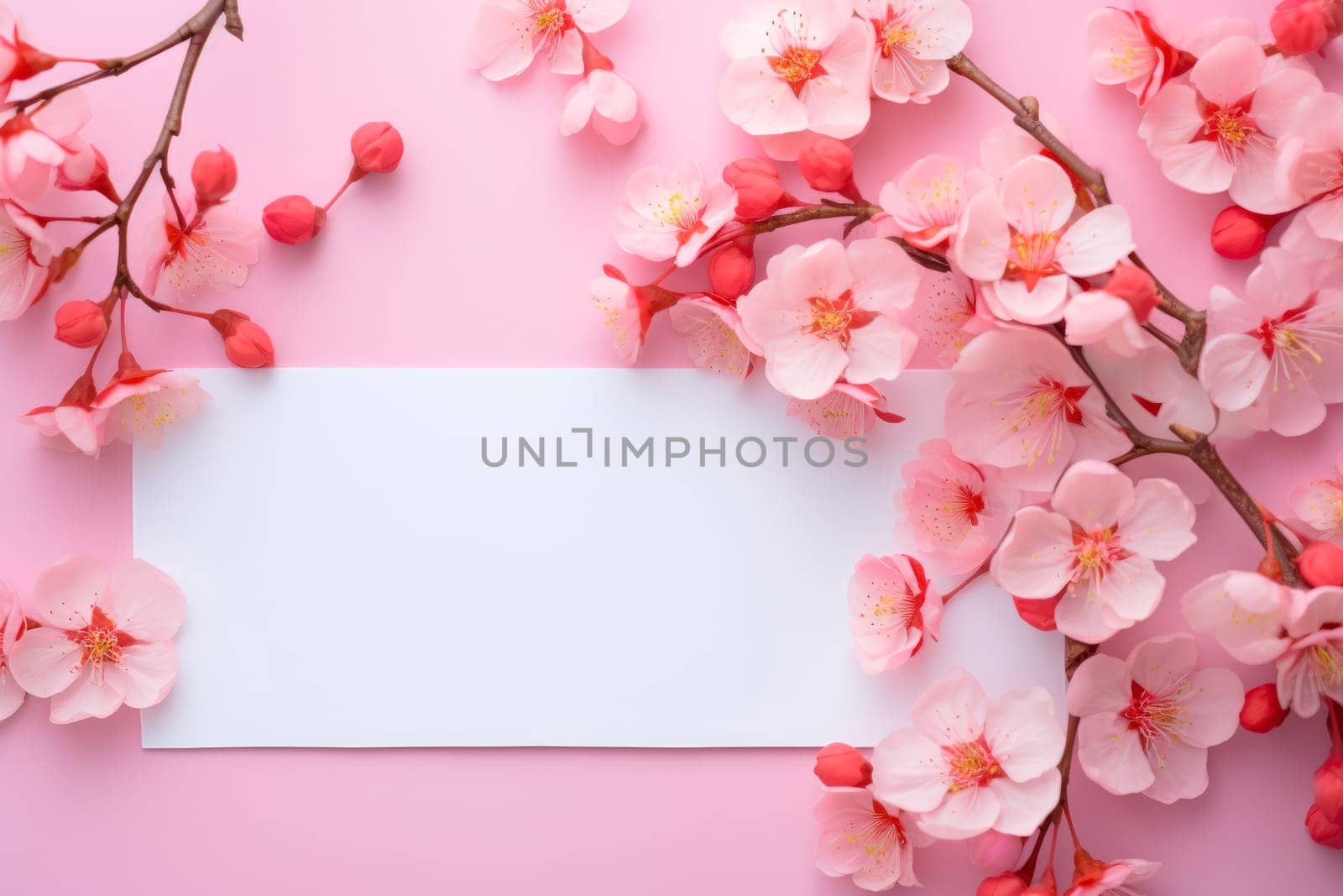 A blank card with a pink sakura flowers,copy space, flat lay.Creative layout with cherry flowers and copy space card note. AI generated