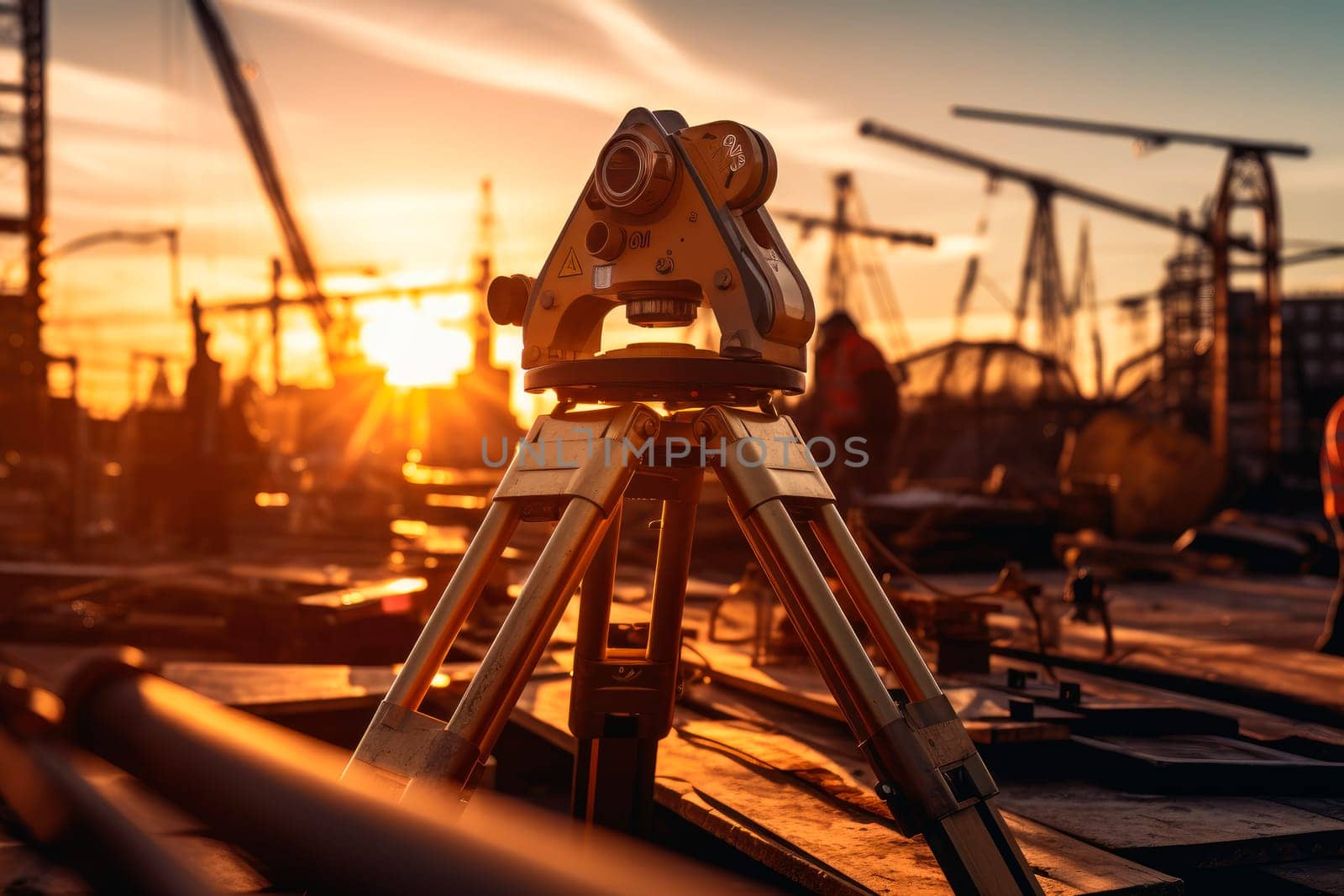 Geodetic level on the background of a costruction site on the sunset. AI generated