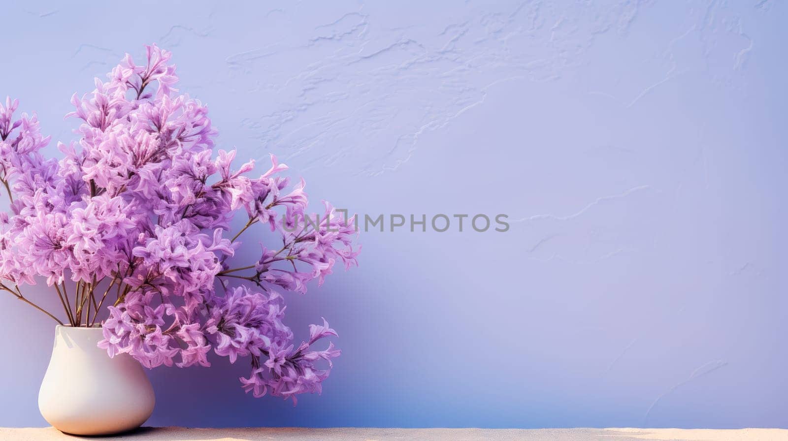 Stylish lilac flowers in a white pot on painted wall background. Copy space. AI generated