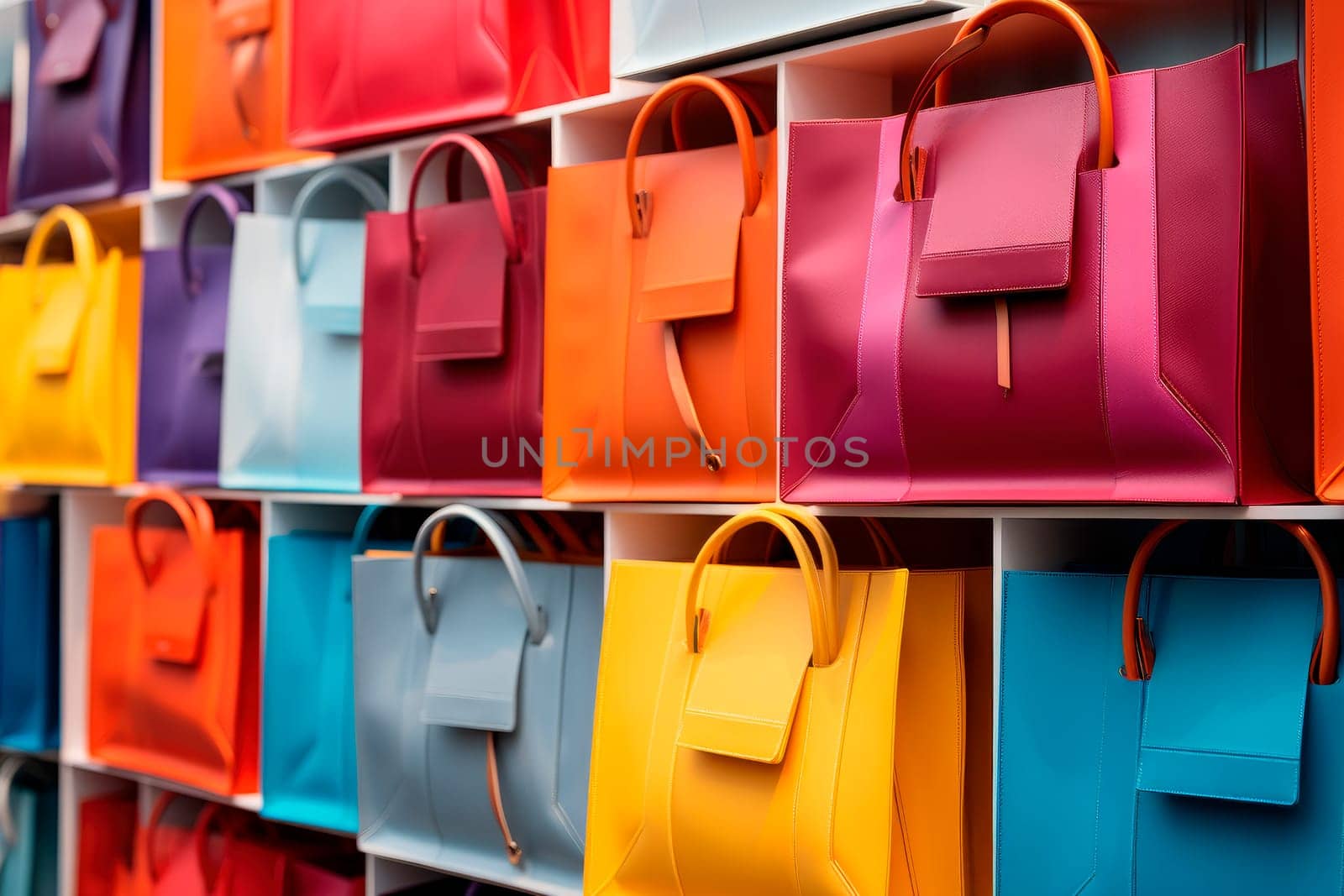 Bag store with leather bags in different colors on the shelves. AI generated