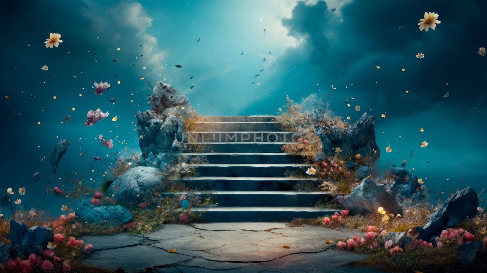 Concrete stairs with a flower bed, reaching out to sky. Surreal world.AI generated