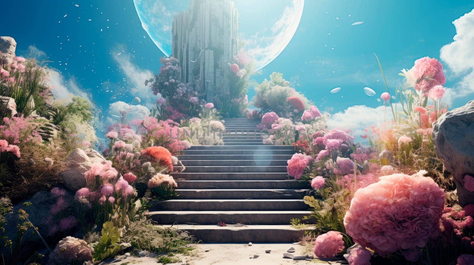Concrete stairs with a flower bed, reaching out to sky. Surreal world.AI generated