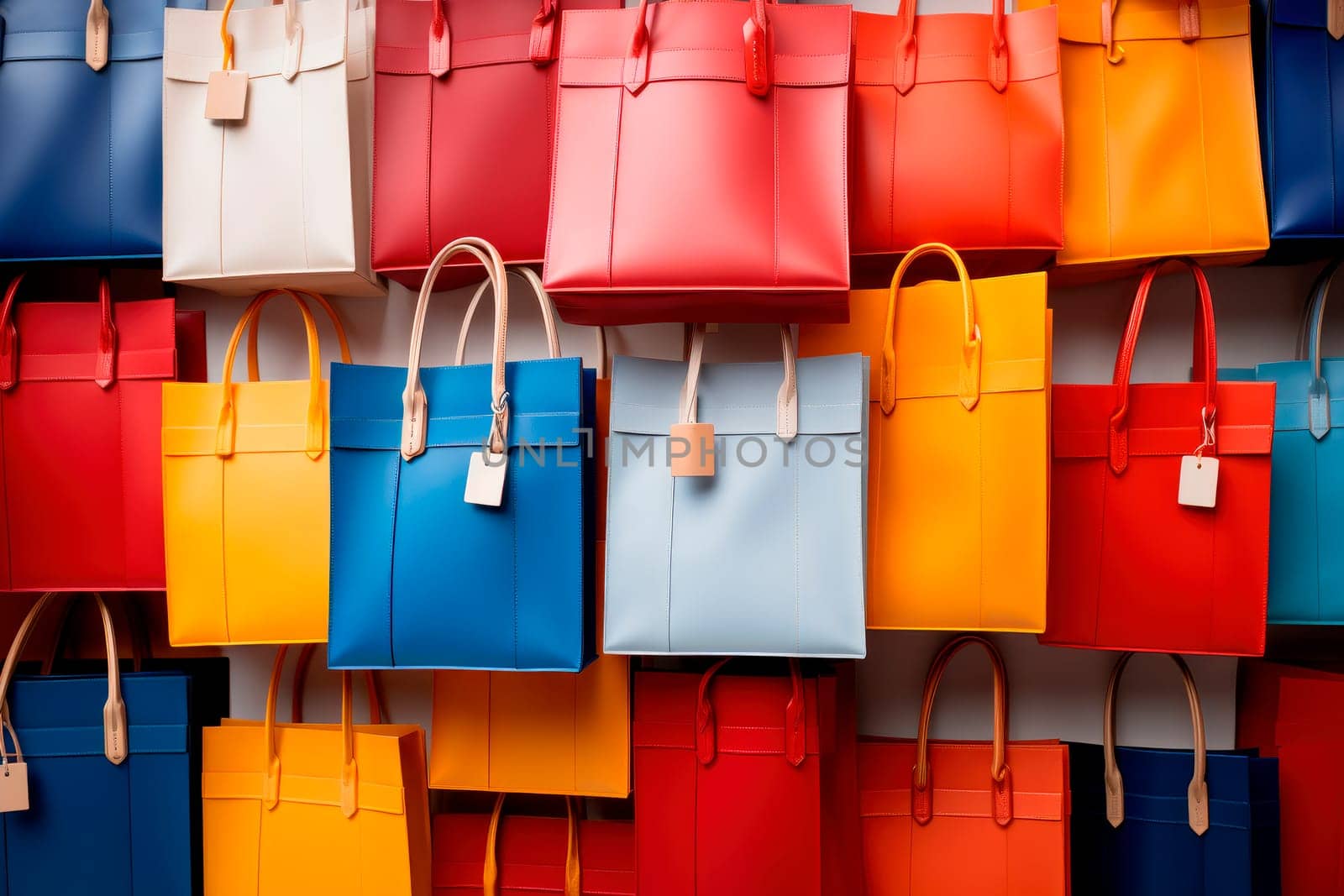 Bag store with leather bags in different colors. AI generated