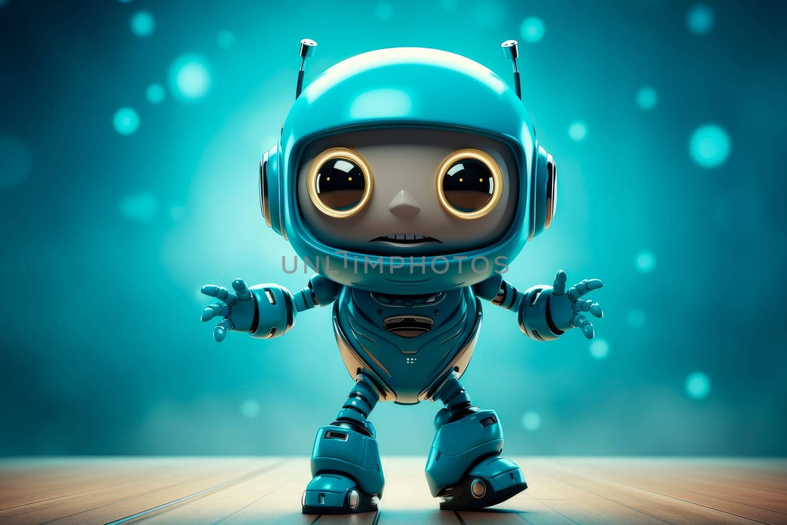 Small cute blue robot showing dance moves. Little robot doing excited dancing .AI generated