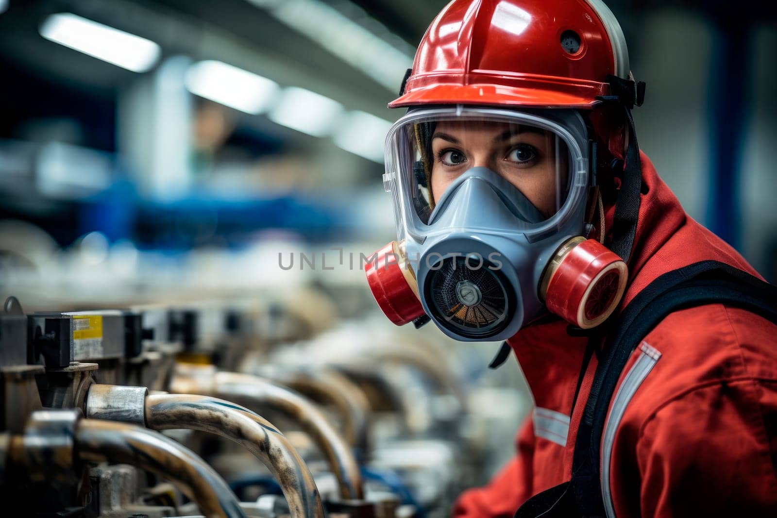 Chemical industry worker in a full chemical protection suits and gas mask working on chemistry plant. Biochemical research scientist  working in research laboratory. AI generated