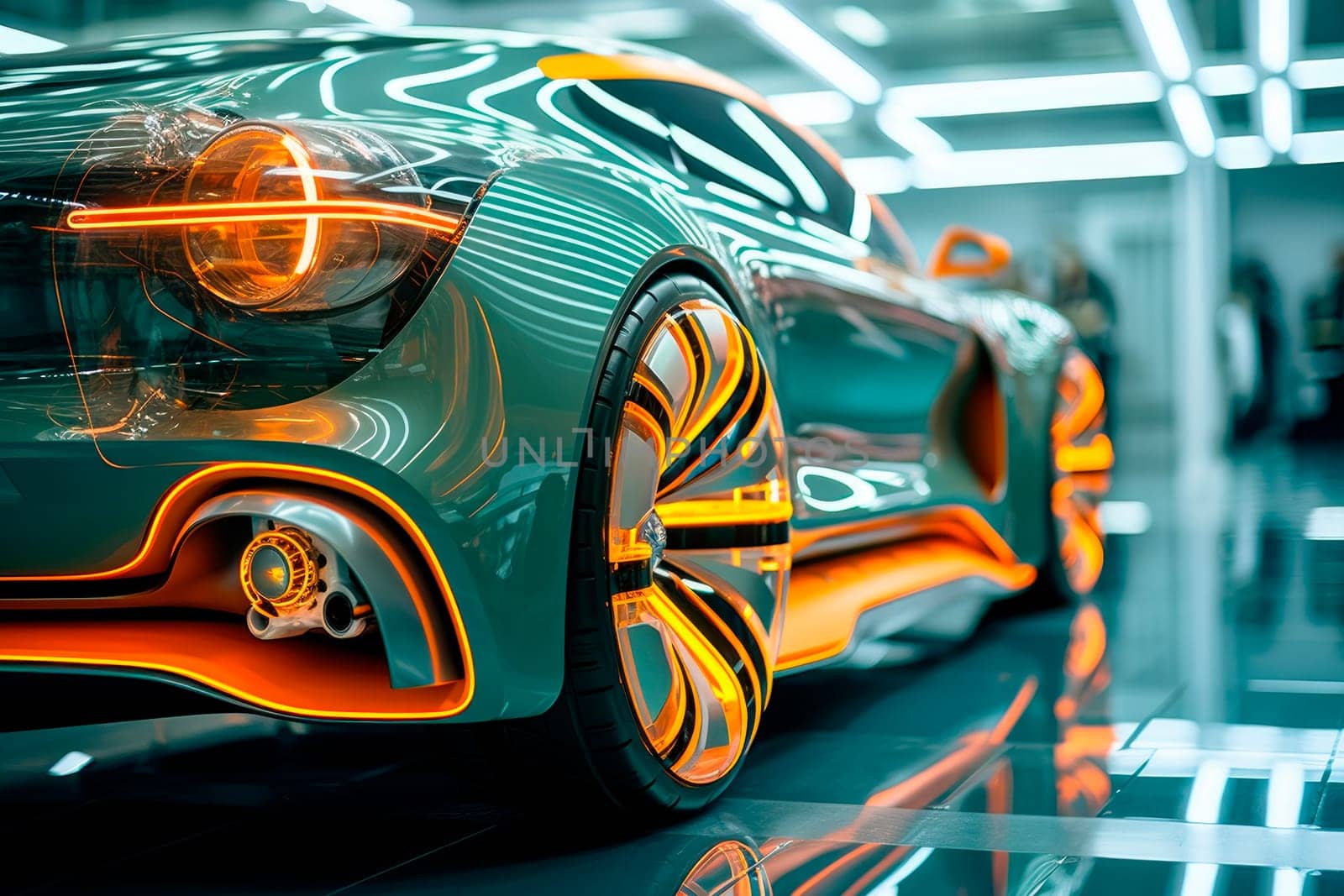 Rear view of futuristic electric car, close up. AI generated
