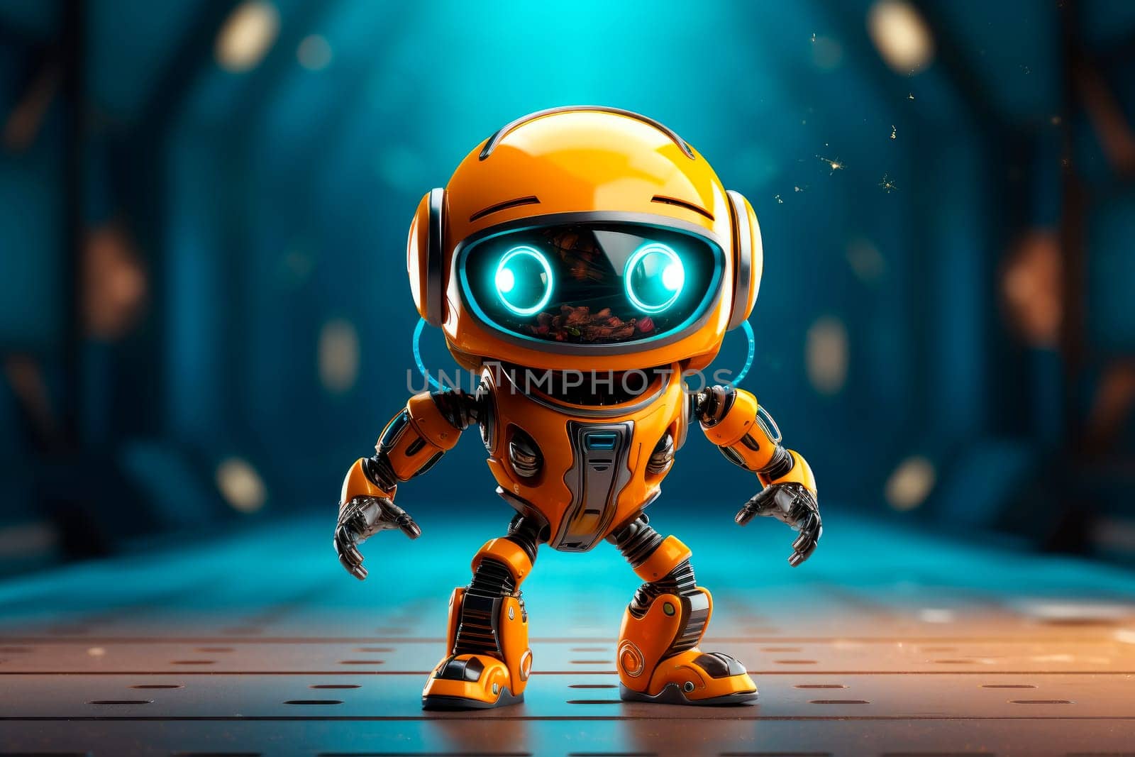 Small cute yellow robot showing dance moves. Little robot doing excited dancing .AI generated