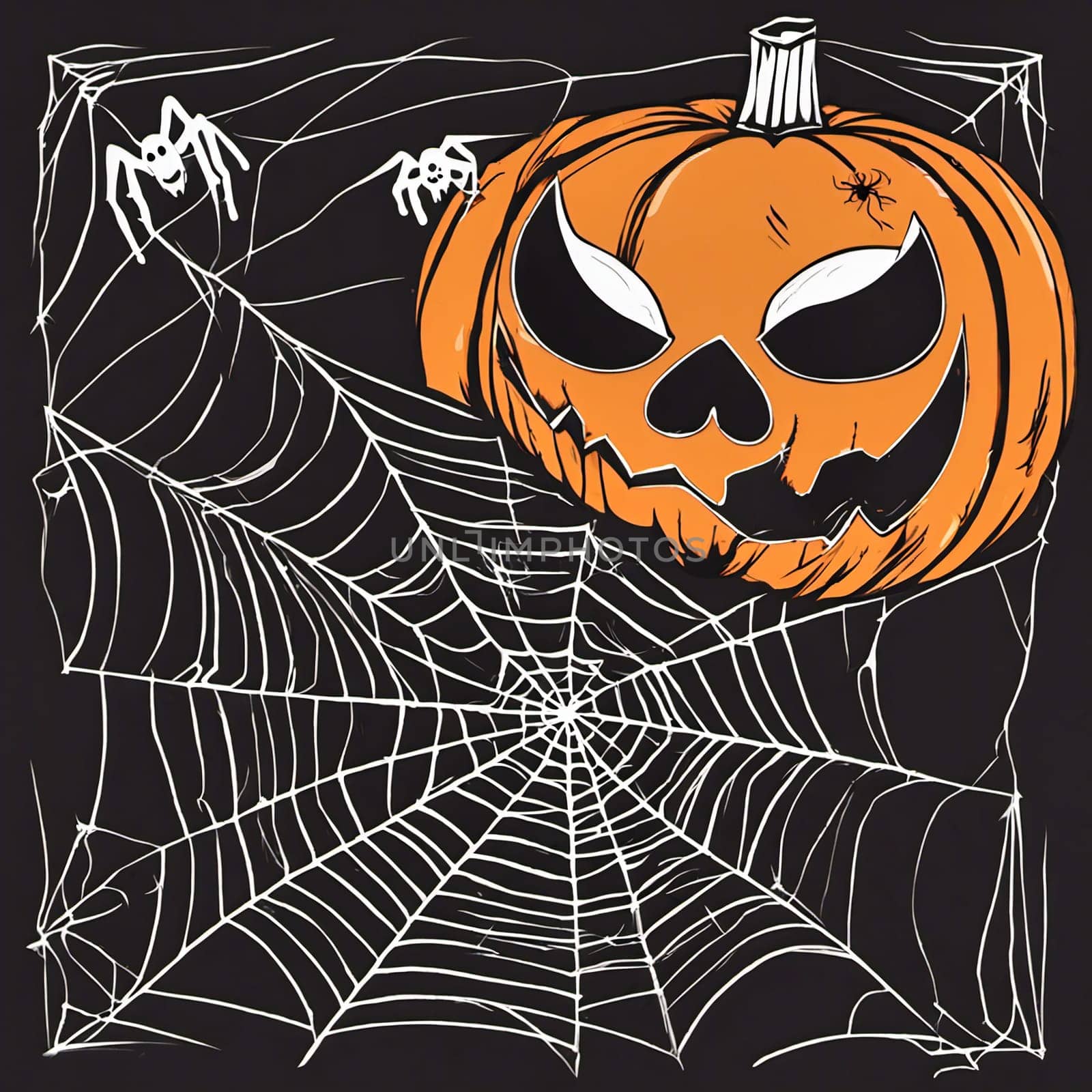 Halloween, spider web with spins and pumpkin with carved scary face. AI generated image