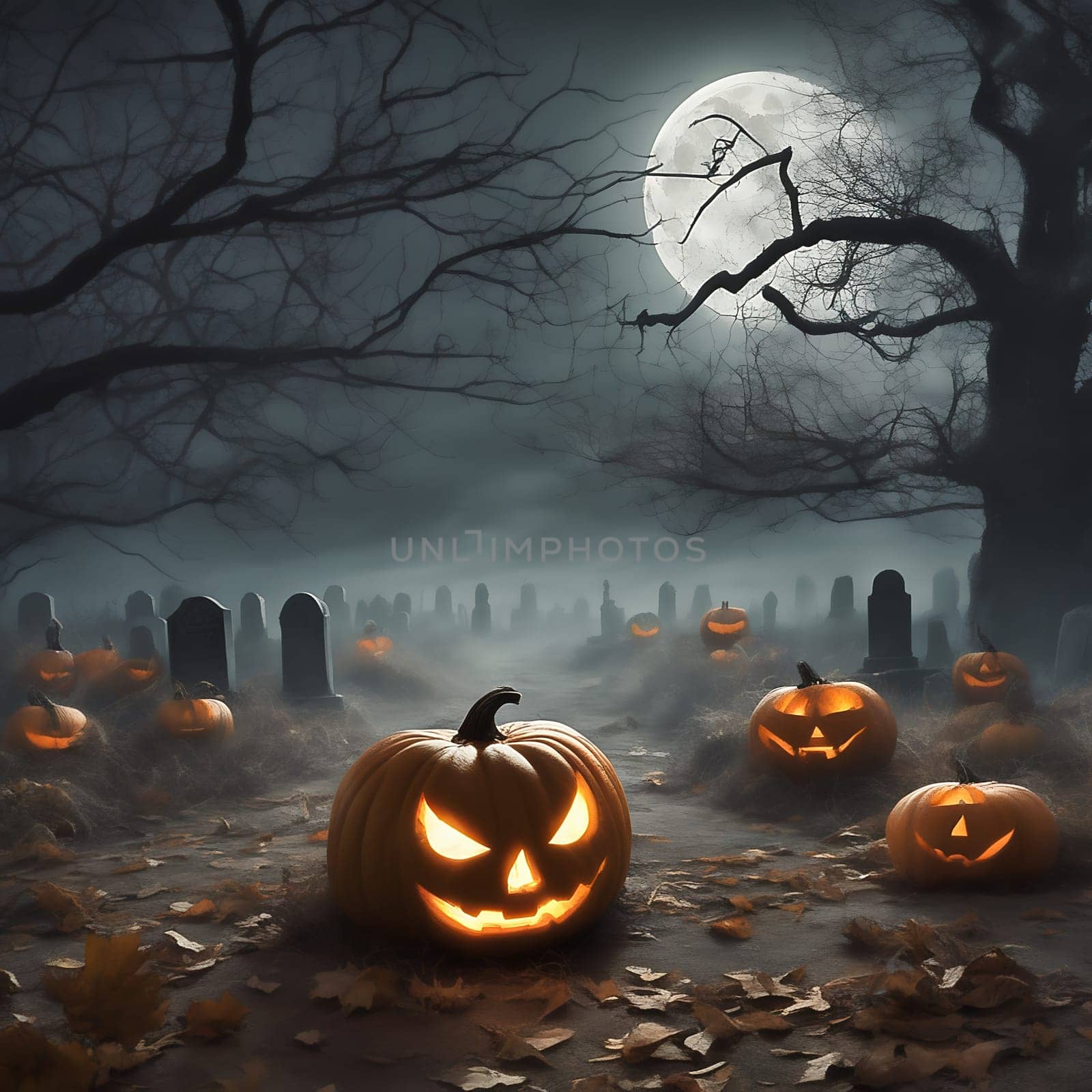 Halloween, cemetery with gravestones and old tree in fog. Pumpkins on the leafy ground. AI generated image