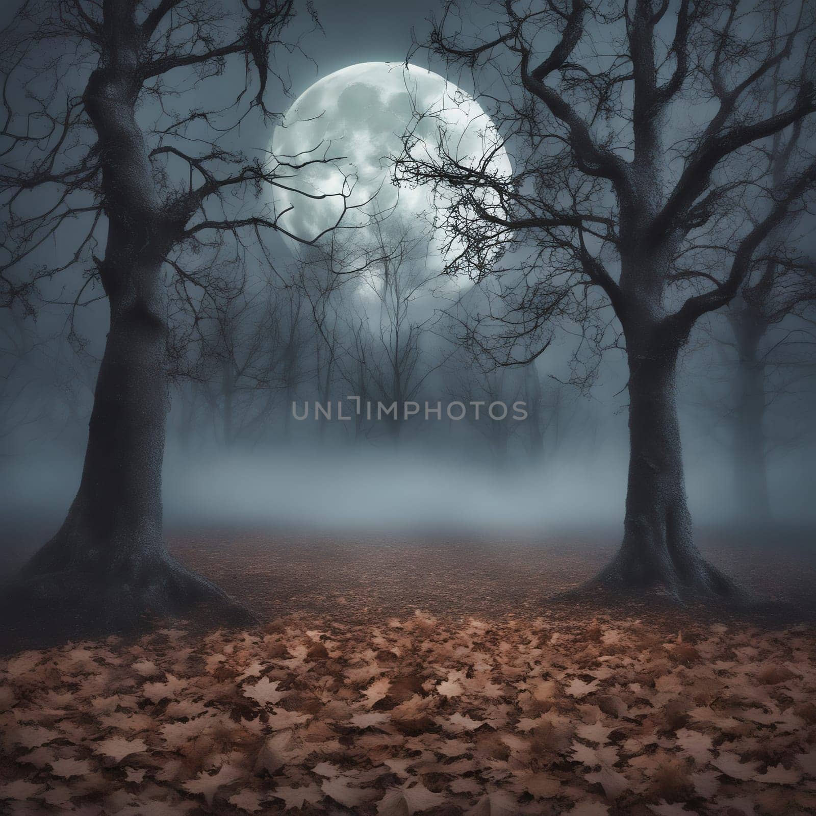 Halloween, Misty forest with old trees. Full moon in background. Leaves on the ground. AI generated image