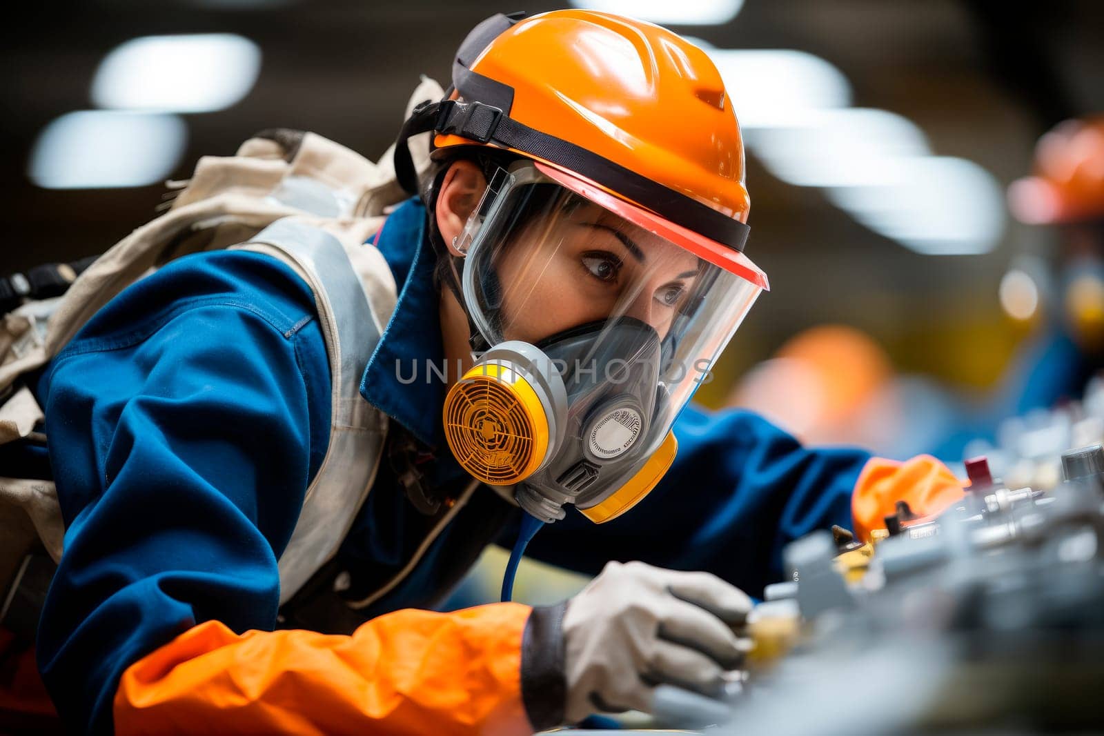 Chemical industry worker in a full chemical protection suits and gas mask working on chemistry plant. Biochemical research scientist  working in research laboratory. AI generated