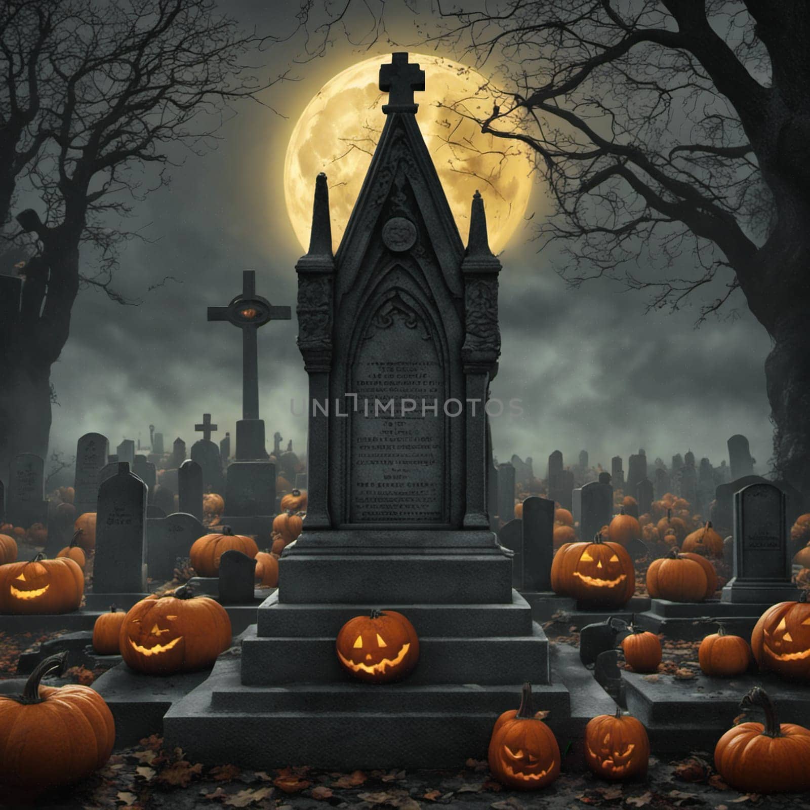 Halloween, in the cemetery, tombstones, pumpkins on the ground. Full moon behind grave chamber. AI generated image