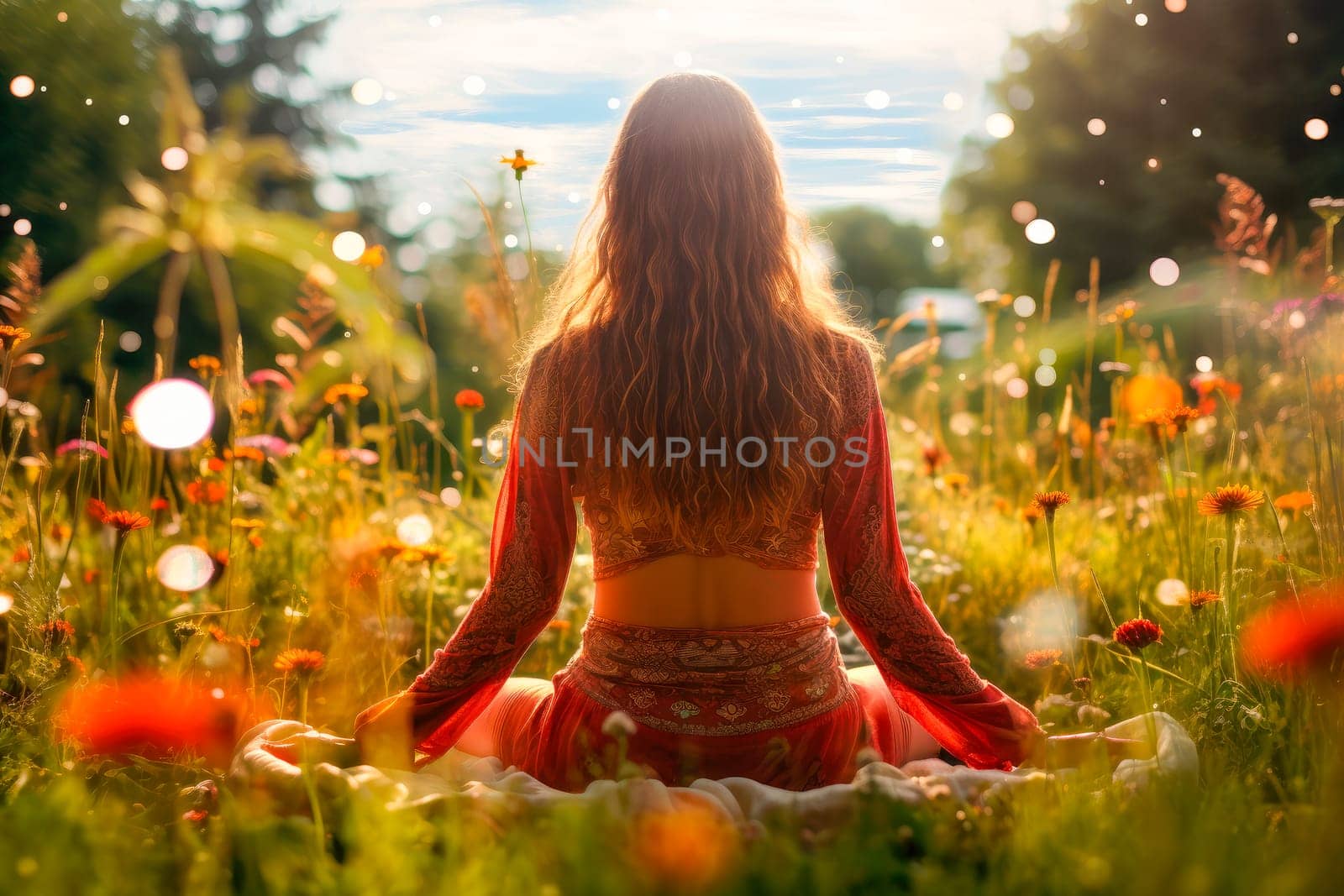 Back view of a woman with long hair sitting outdoors in sunlight enjoying nature. Back view of a girl practicing yoga in a flower field. AI generated