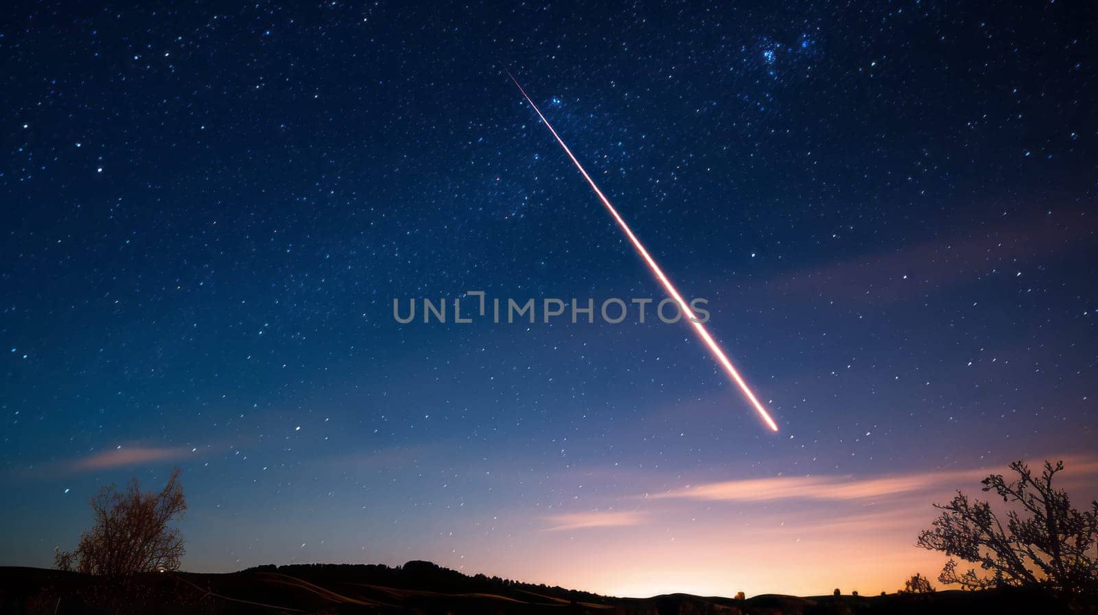 A close up of a meteor streaking across the night sky