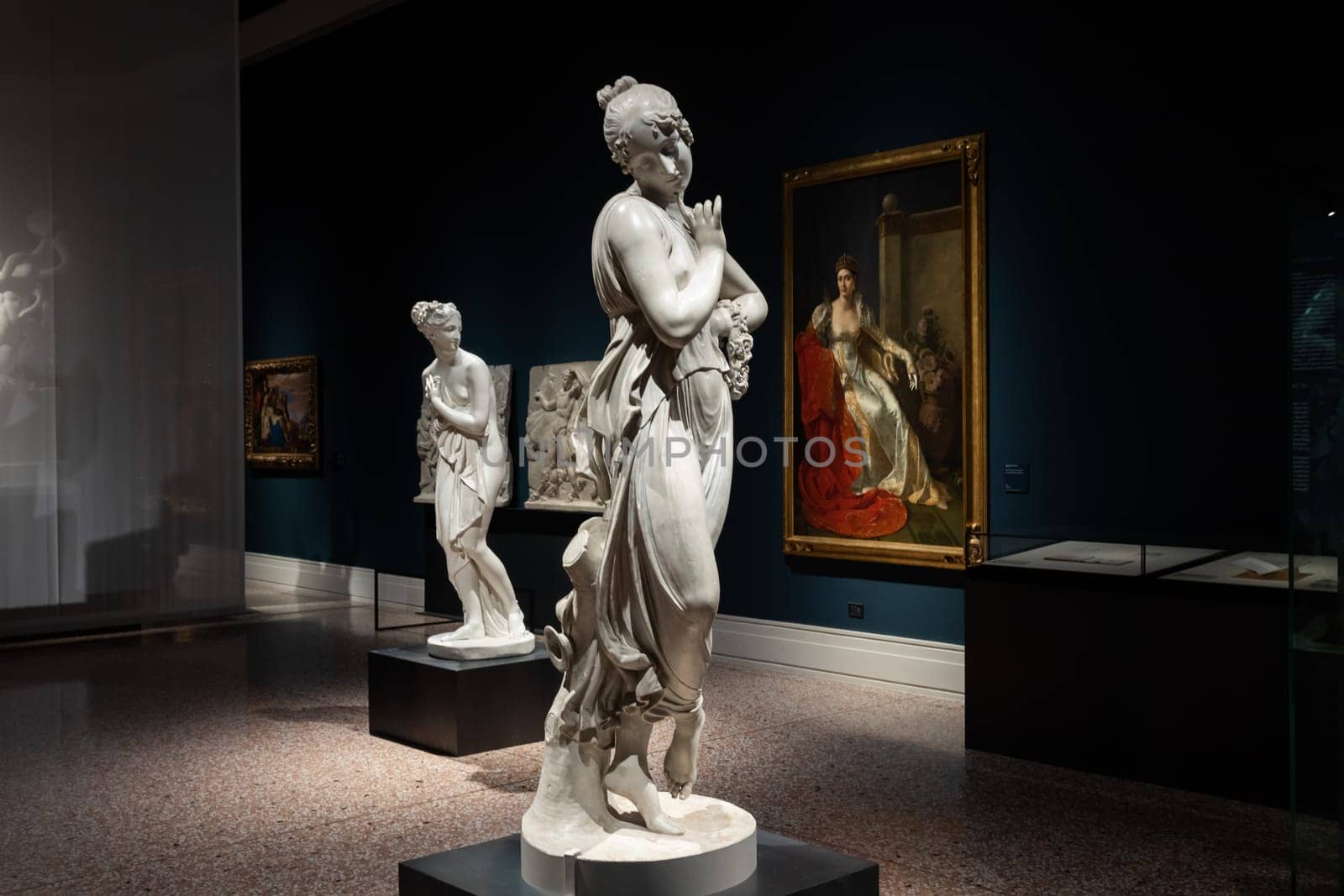 Bassano del Grappa, Italy - December 2022: Dancer with finger on her chin, by Antonio Canova, 1814. Classic statue, Roman beauty