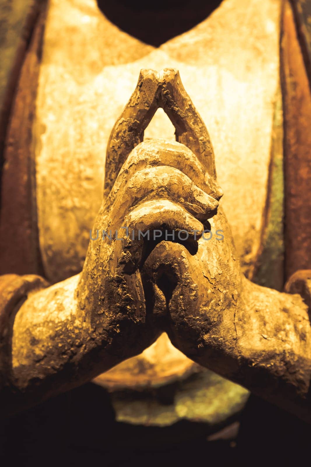 Buddha Statue - Concept of Zen, Spirituality, Peace. Hands gesture, texture light