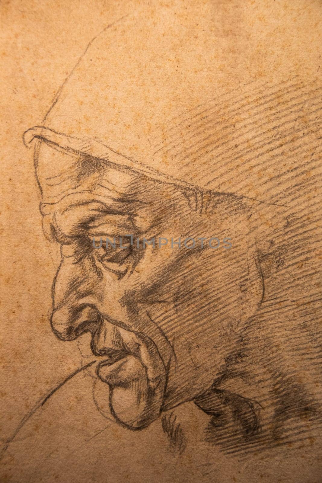 Turin, Italy - April 2023: Michelangelo Buonarroti drawing, Study for the head of the Cumaean Sybil, 1562