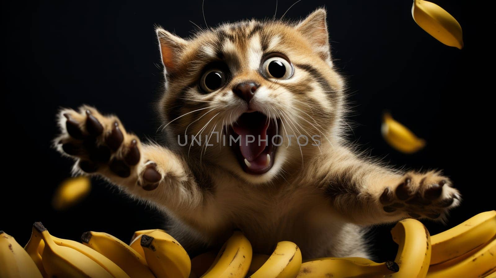 A clumsy cat slipping on a banana peel a classic comedy
