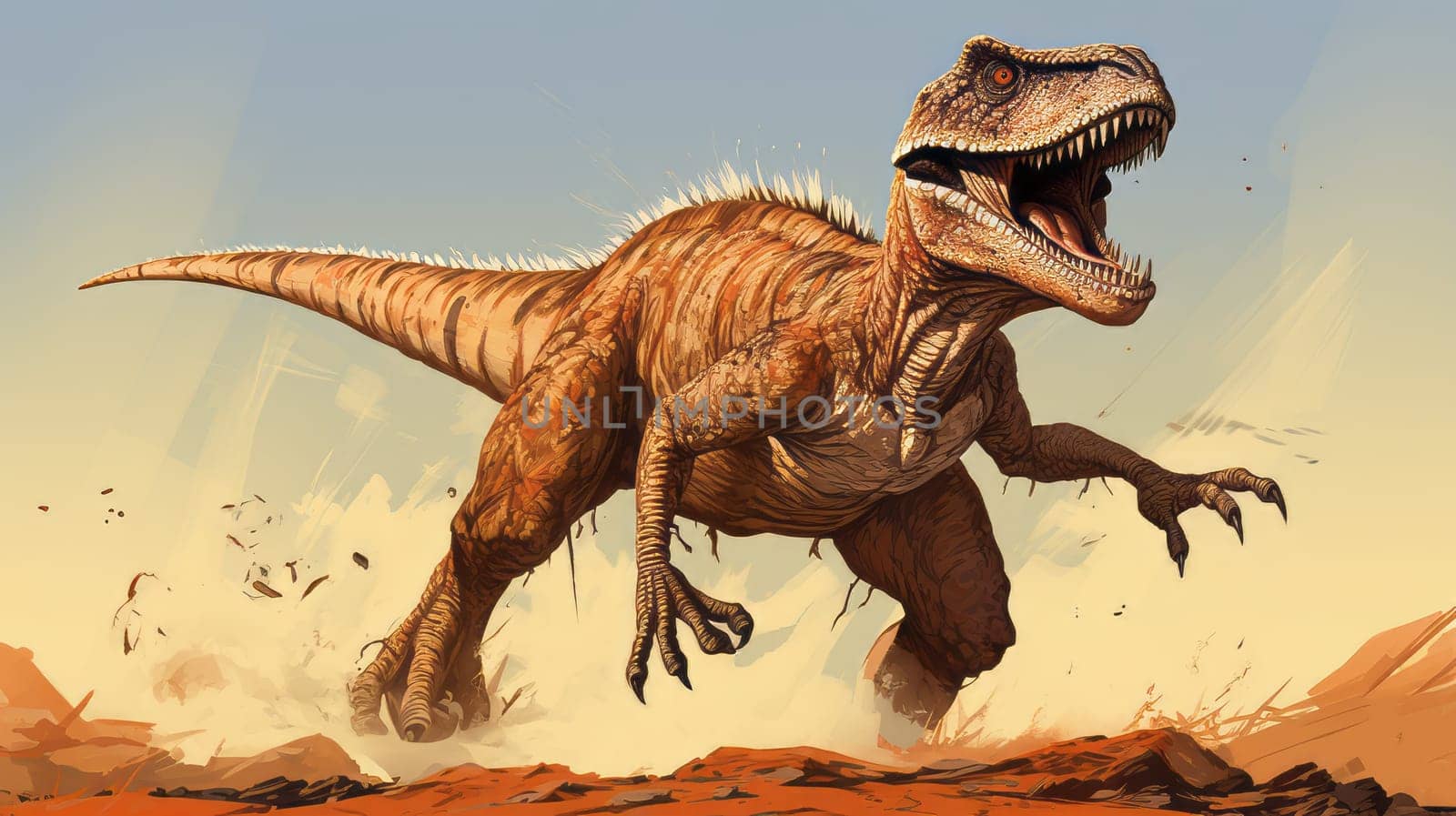 A detailed illustration of a Velociraptor in a hunting stance