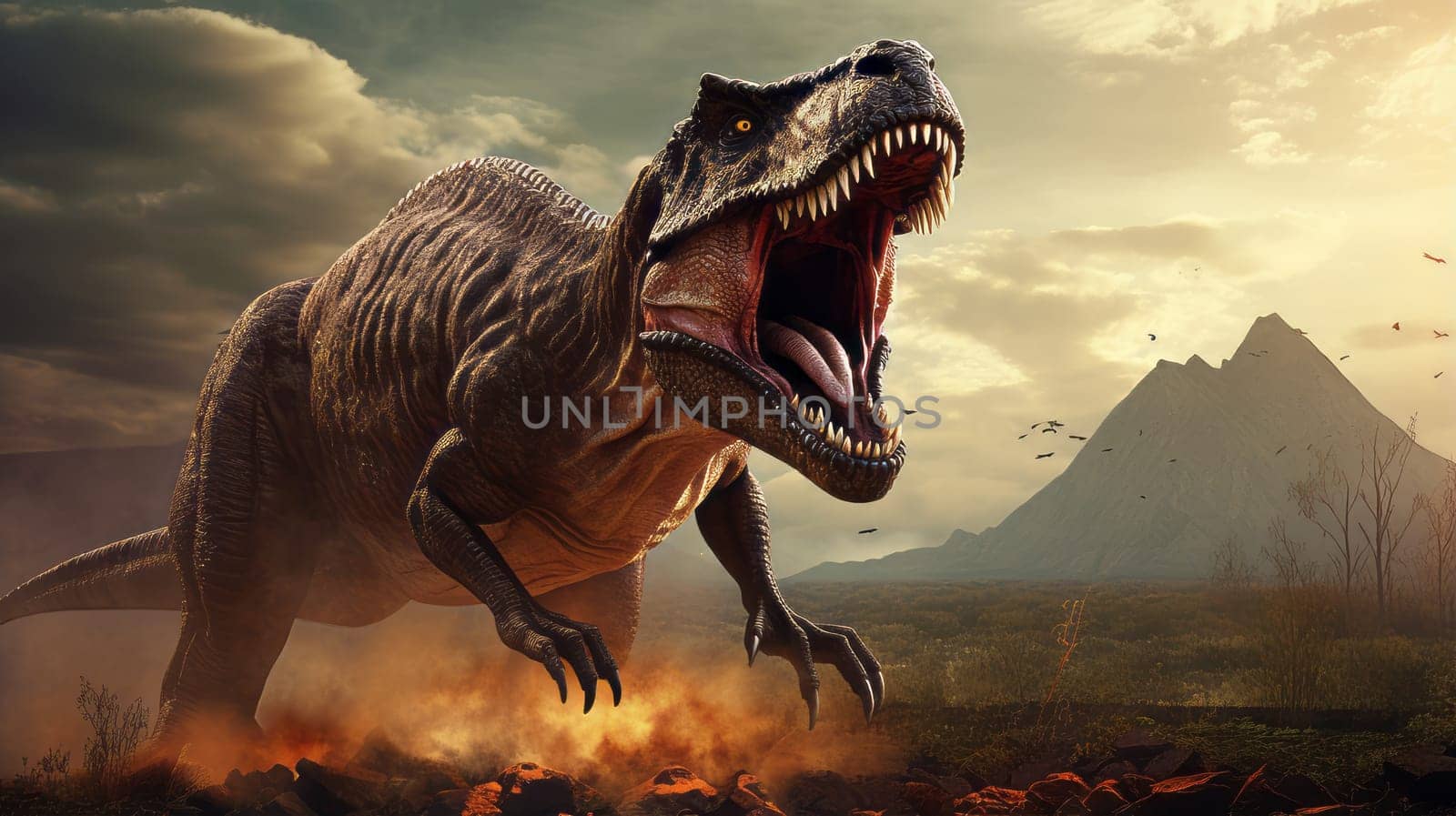 A fearsome Tyrannosaurus rex roaring in a prehistoric landscape