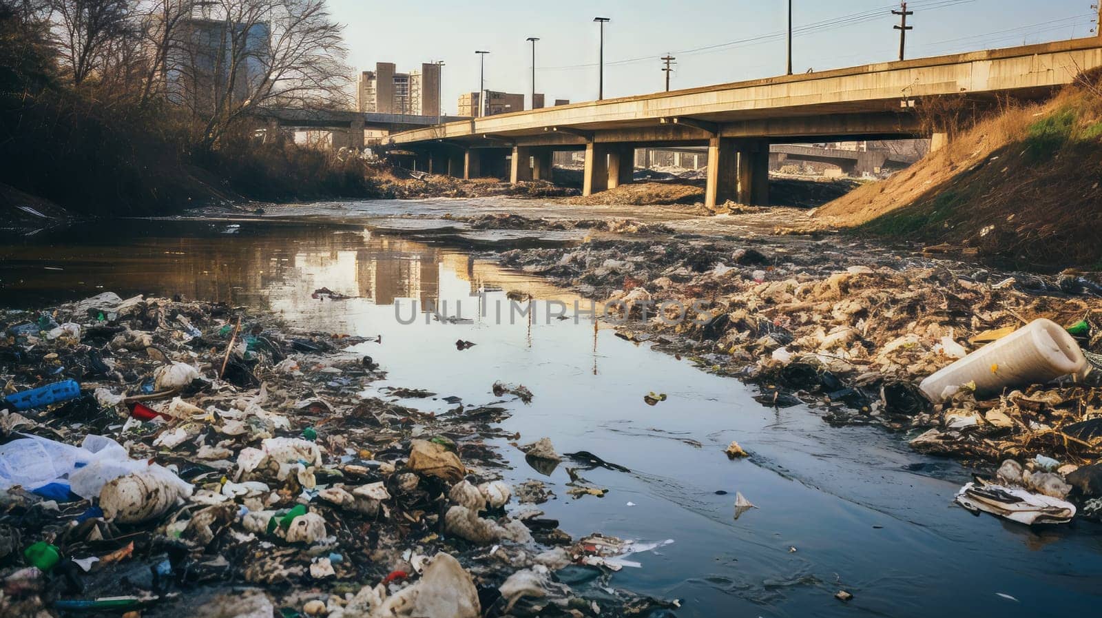 A polluted river with garbage and debris
