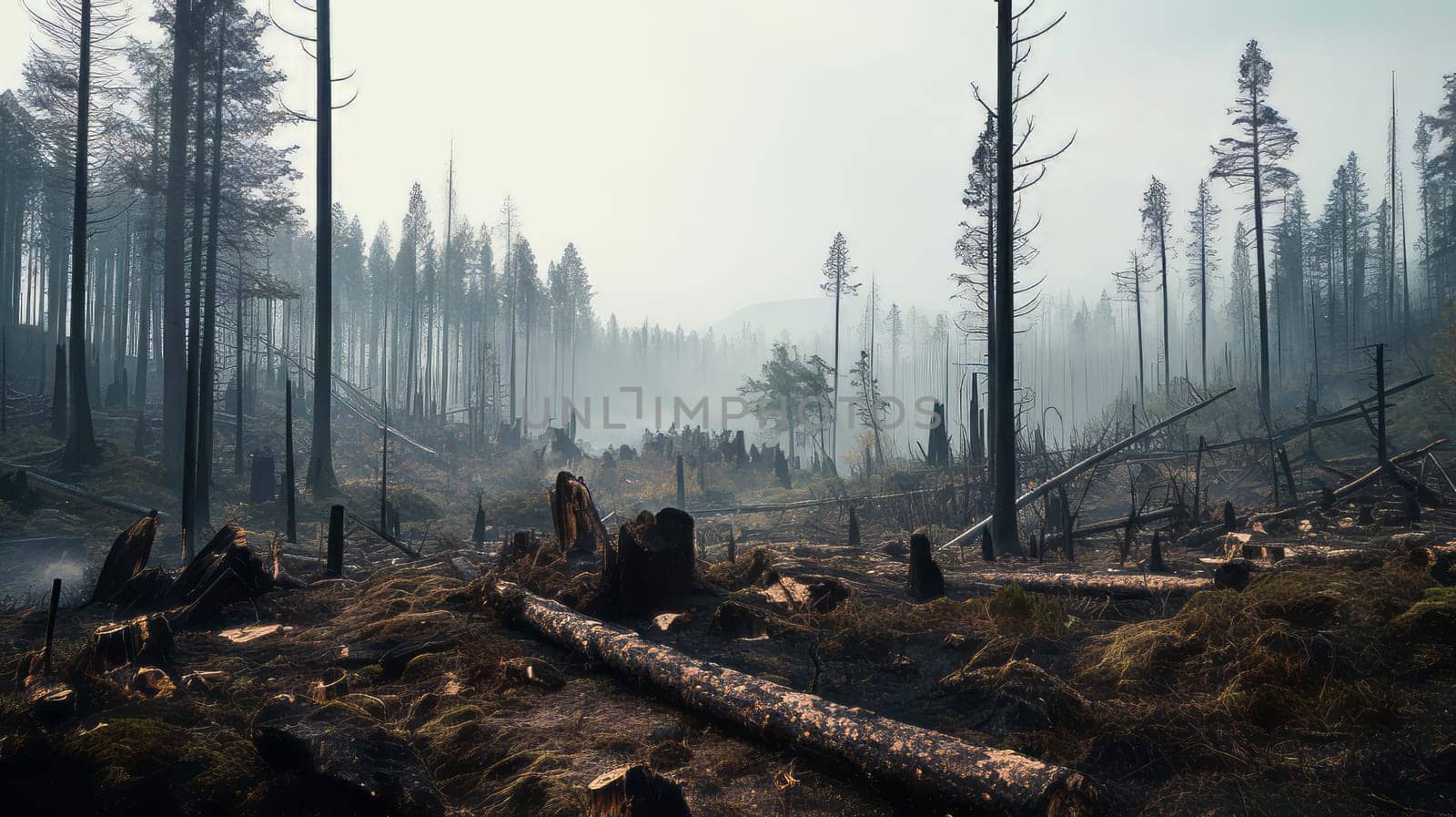 A polluted forest with wilting and damaged trees