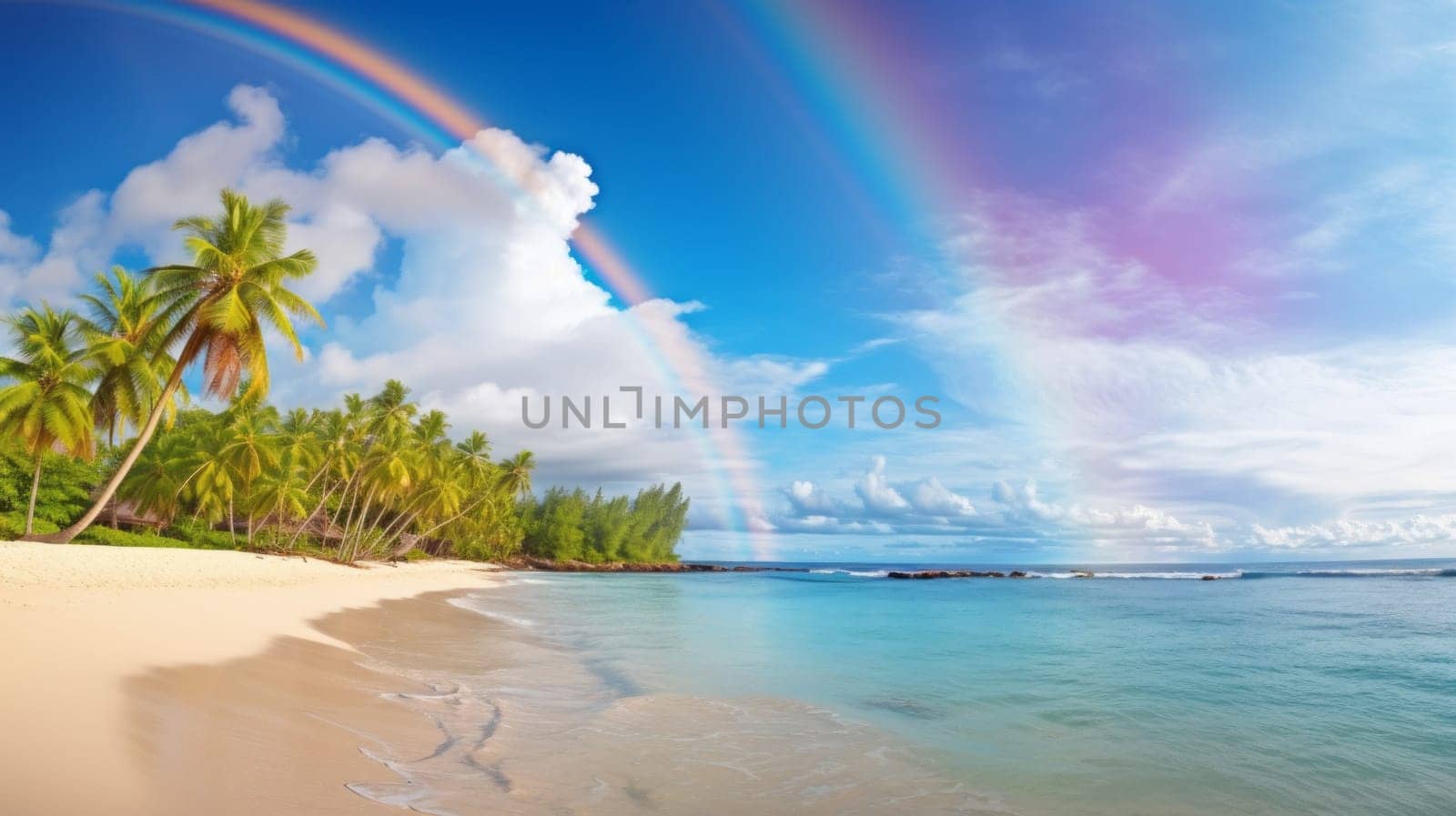 A rainbow painting the sky above a tranquil beach