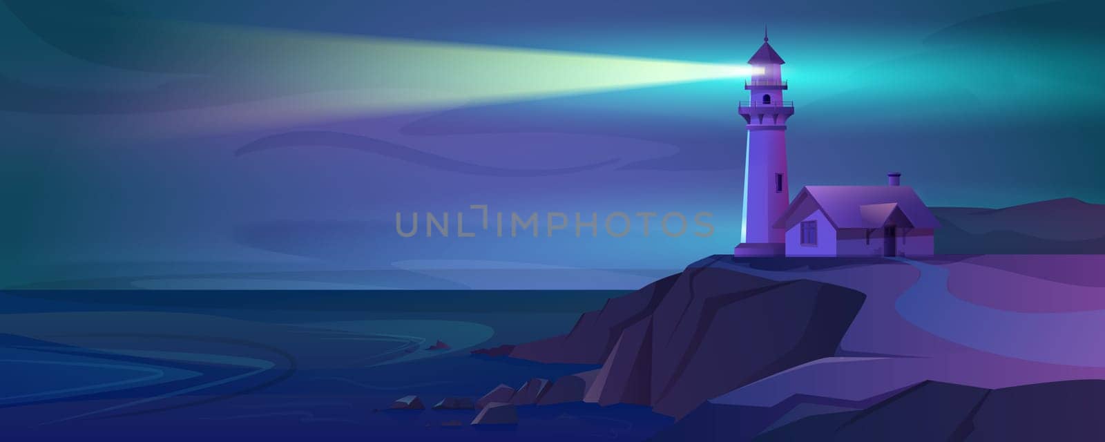 Cartoon working lighthouse with a beam of light at night. Marine navigation tower on sea coast, ocean shore. Coastline landscape with beacon and signal building with glowing ray. Seashore in the dark.