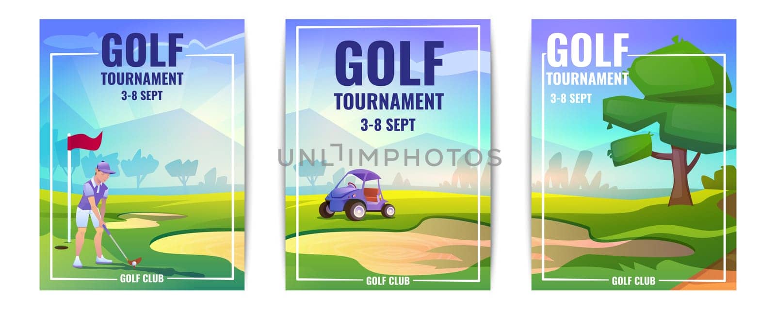 Vector cartoon flyers or golf tournament posters with player man. Golfer person with putter and white ball, car, grass, tee and flag. Advertising sport competition vertical banners with sand bunker.