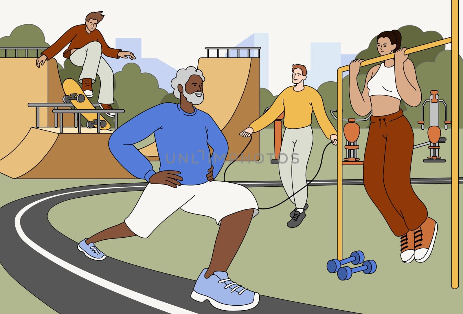Diverse people do fitness in outdoor gym or workout park. Teenage boy on skateboard jumping stunts on pipe ramps in skate zone. Street activity concept. Urban sport ground with equipment for training.