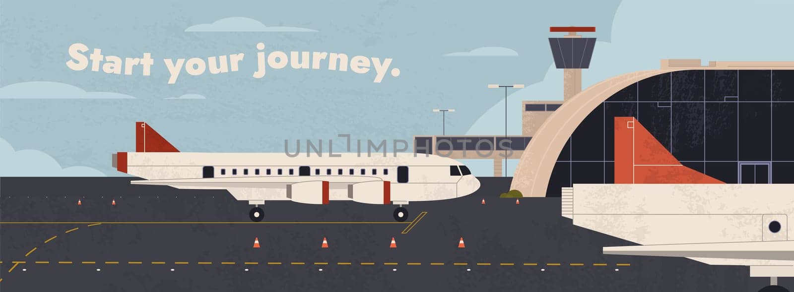 Airport terminal building and airplanes on runway. Flat metropolis aerodrome with aircraft. Flight journey or vacation trips by air transport. Aviation station, airfield cartoon vector illustration