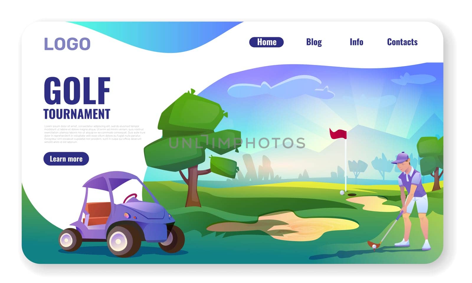 Vector banner or landing page with golf course, player man, golf cart on green play field, sand trap and hole with flagstick. Golfer person in country sports club. Golf tournament web page template