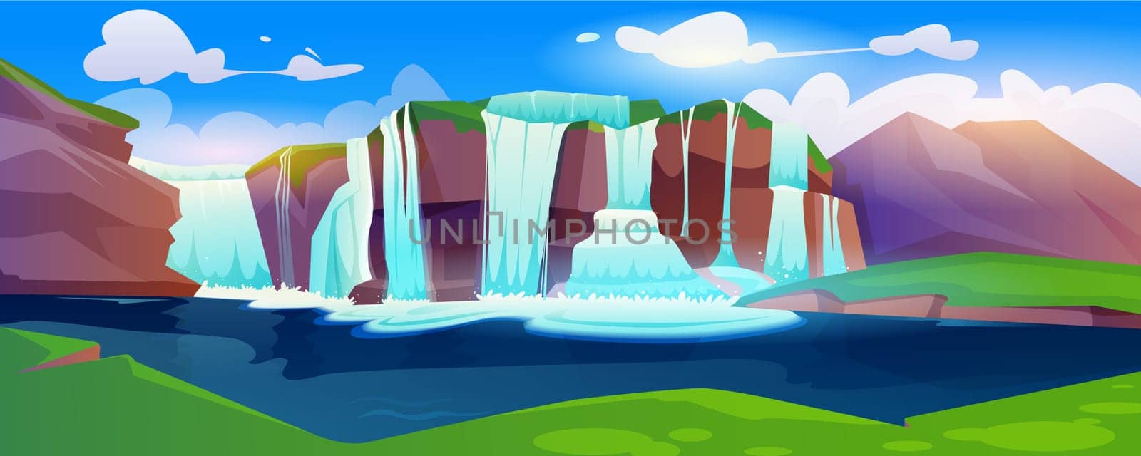 Jungle forest cartoon landscape with waterfall. Tropical natural scenery with cascade of rocks with flow water to creek or lake. River stream flowing from stones in wild park