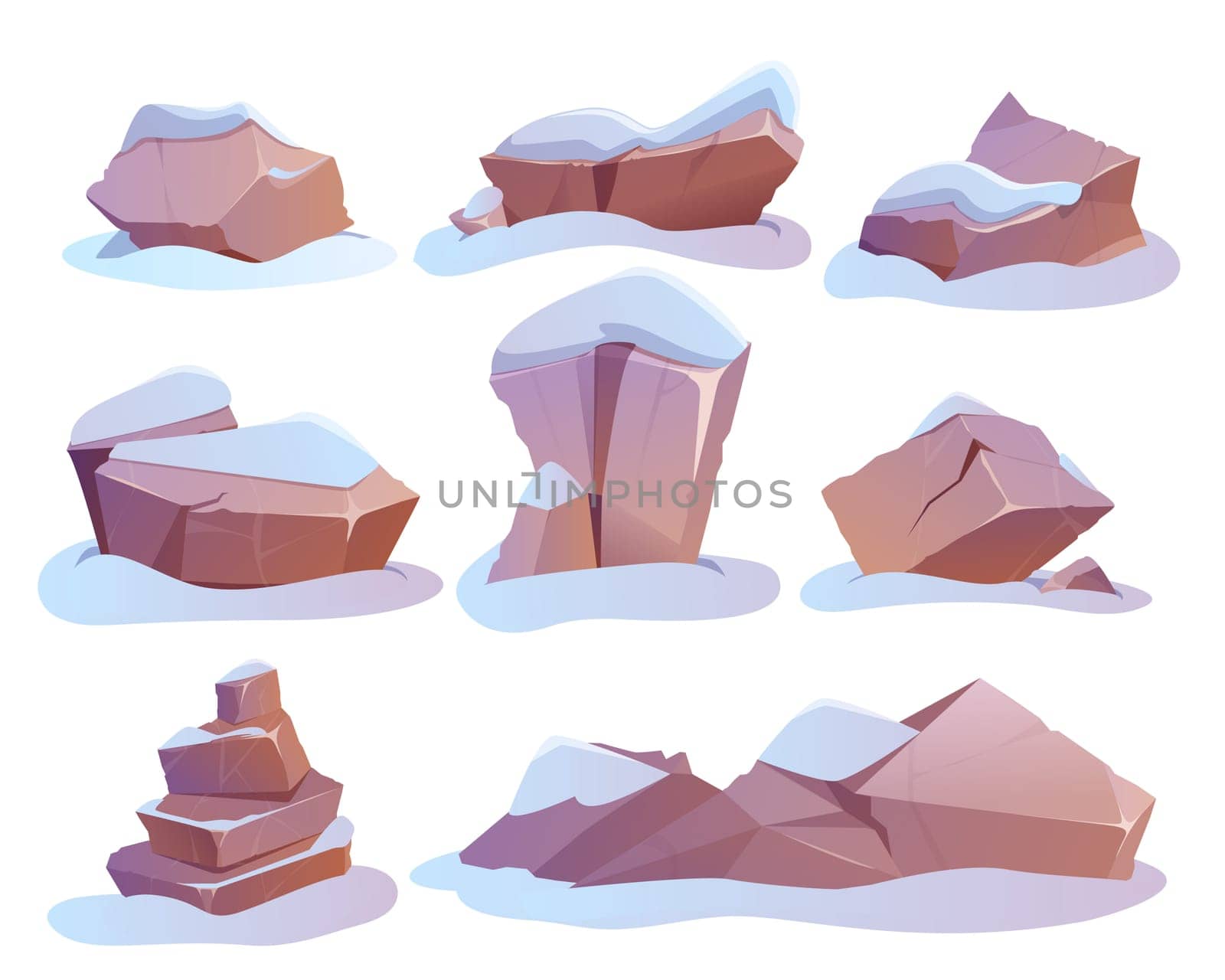 Cartoon set of pile stones or boulders with snow heap. Granite blocks, hard rock lumps in winter. Solid mountain debris or natural geological materials for games ui. Broken rocky cobbles collection.