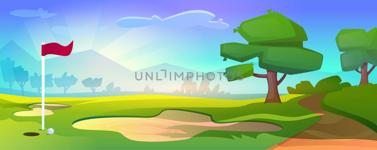 Empty golf course on nature landscape with red flag, white ball on grass, trees and blue cloudy sky. Countryside place of sport field for golf with sand bunker, green lawn cartoon vector illustration.