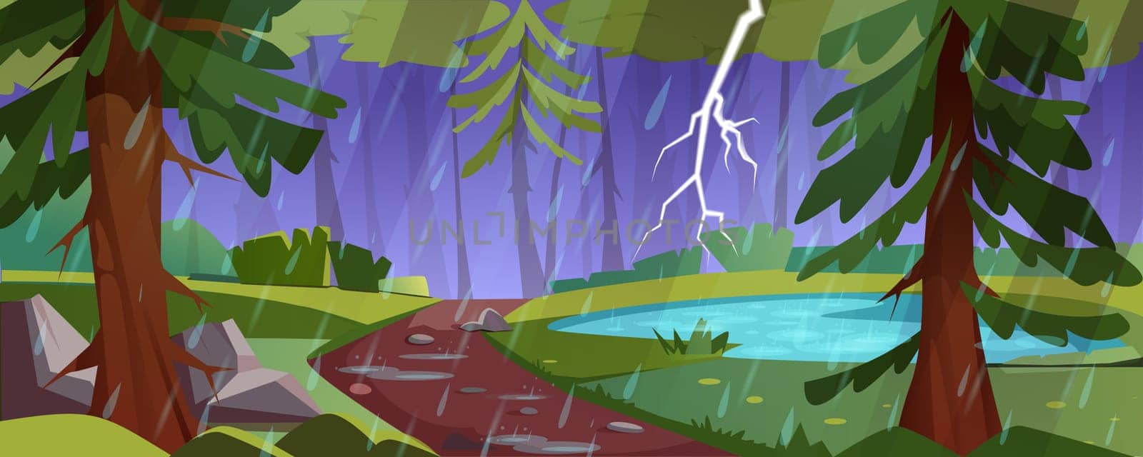 Forest landscape with pond, green trees and bushes in rain. Nature scene with lake, footpath with stones and lightning in dark sky. Vector cartoon illustration of natural park with thunderstorm.
